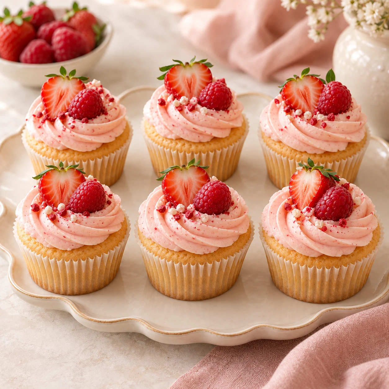 Inspiración: cupcakes con crema rosa y frutos rojos para compartir