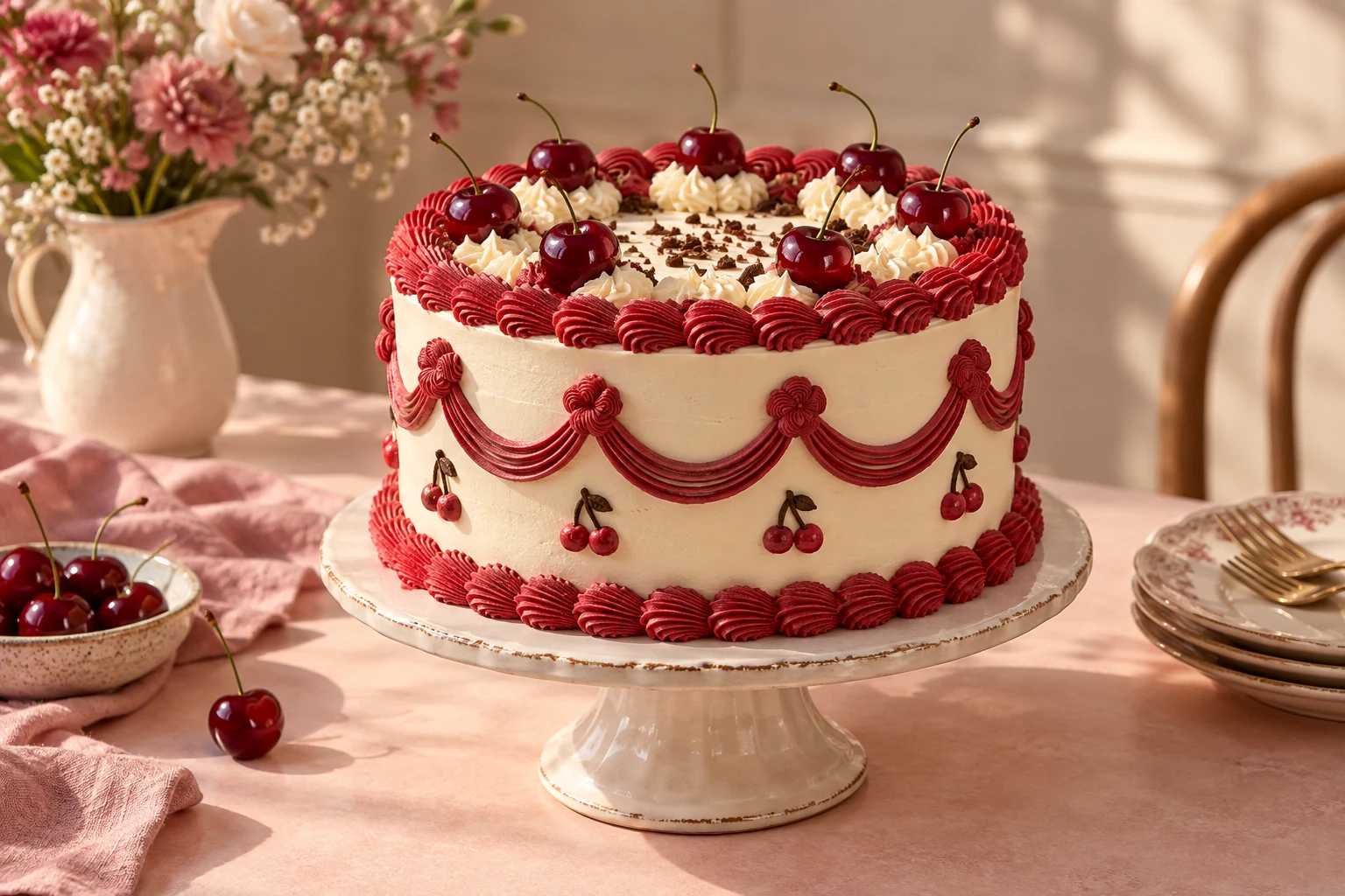 Inspiración: cake vintage de crema con cerezas y detalles en rojo frambuesa